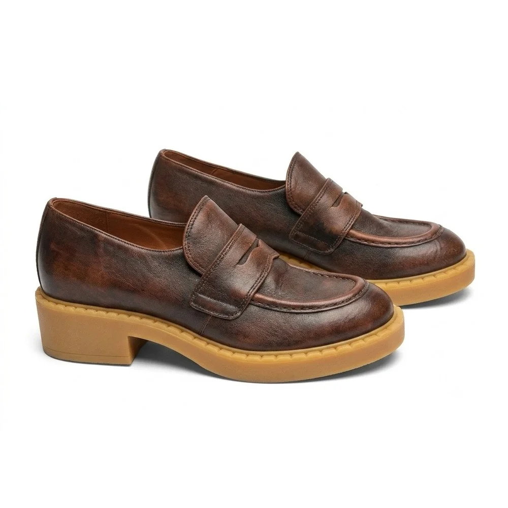 Baldinini Brown Burnished Leather  Loafers Italian Lug Sole Chunky Heel 40 NWOT